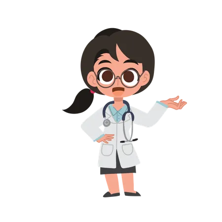 Linda caricatura de doctora dando la bienvenida con gesto de mano en uniforme médico  Illustration