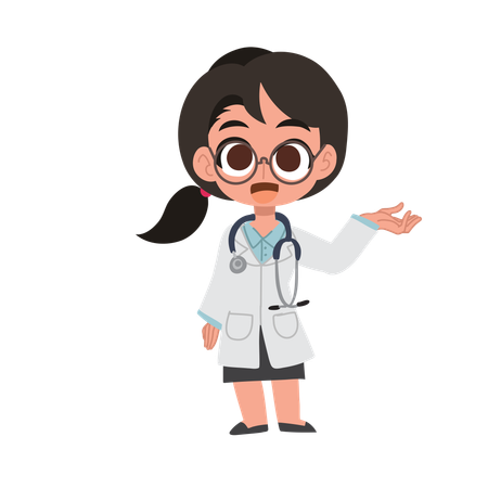 Linda caricatura de doctora dando la bienvenida con gesto de mano en uniforme médico  Illustration