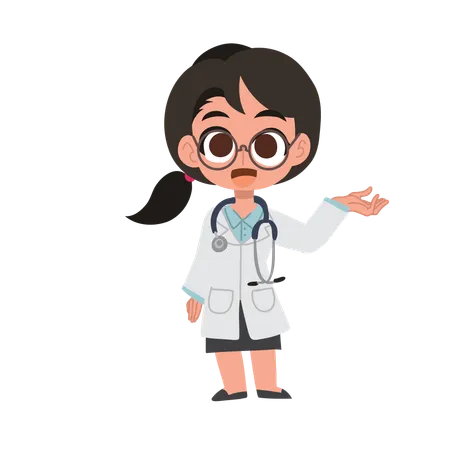 Linda caricatura de doctora dando la bienvenida con gesto de mano en uniforme médico  Illustration