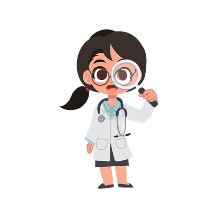 Linda caricatura de doctora que usa lupa para examen médico y diagnóstico  Illustration