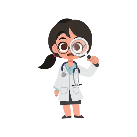 Linda caricatura de doctora que usa lupa para examen médico y diagnóstico  Illustration