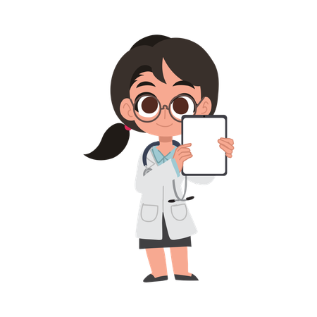 Linda doctora de dibujos animados sosteniendo una tableta con resultados médicos en atención médica digital  Illustration