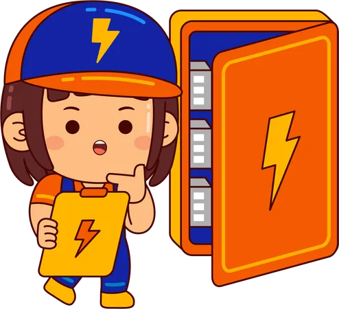 Linda garota eletricista olhando a caixa de fusíveis  Ilustração