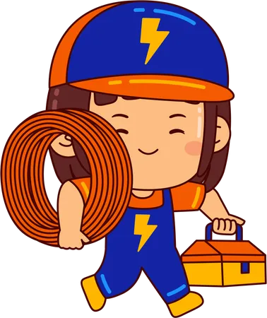 Linda garota eletricista segurando uma caixa de ferramentas e um pacote de fios  Ilustração