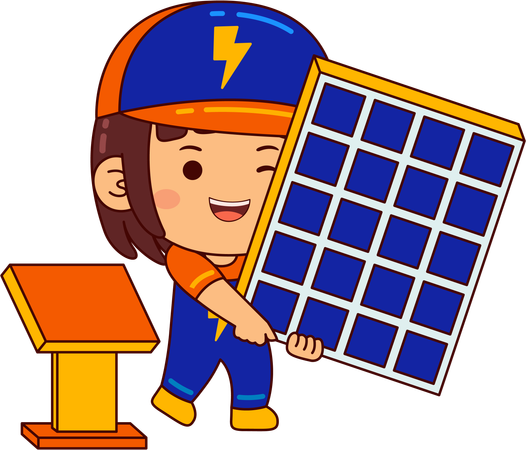 Linda garota eletricista segurando o painel solar  Ilustração