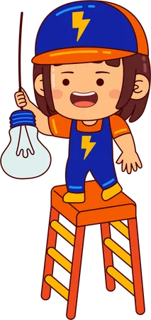 Linda garota eletricista consertando lâmpada  Ilustração