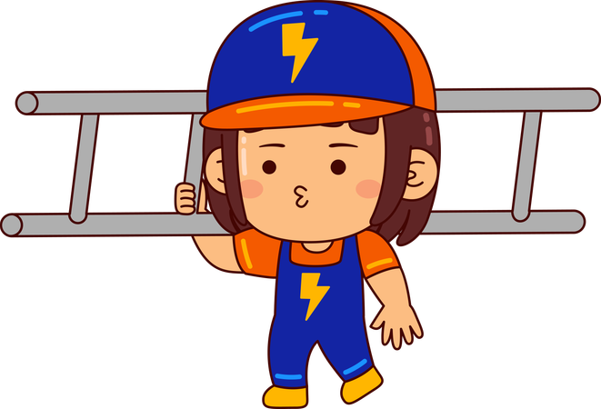 Linda garota eletricista segurando a escada  Ilustração