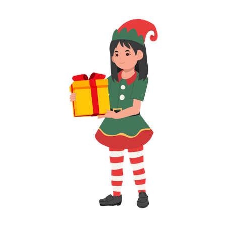 Linda elfa de natal com caixa de presente  Ilustração