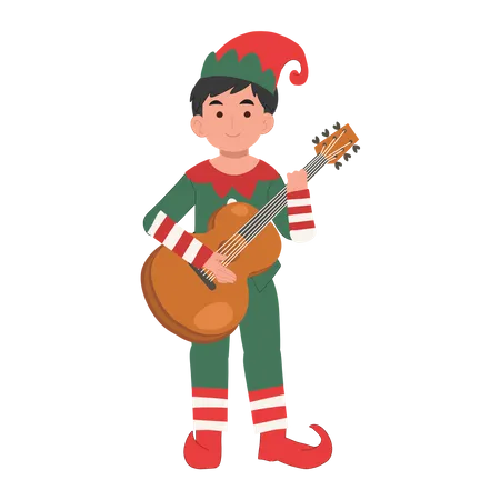 Linda garota elfa de natal está tocando violão  Illustration