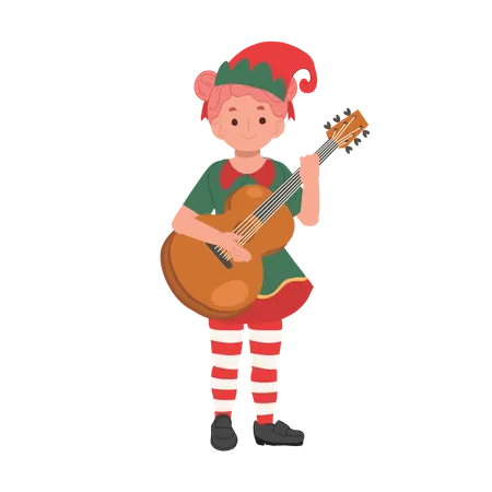 Linda garota elfa de natal está tocando violão  Illustration