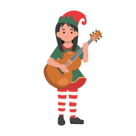 Linda garota elfa de natal está tocando violão  Ilustração