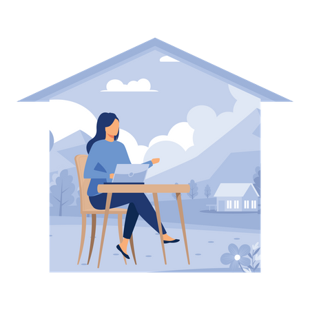 Linda empresária usando laptop enquanto está sentado em sua mesa  Ilustração