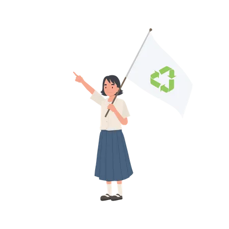 Linda estudante tailandesa sorridente segurando bandeira com símbolo de reciclagem  Ilustração