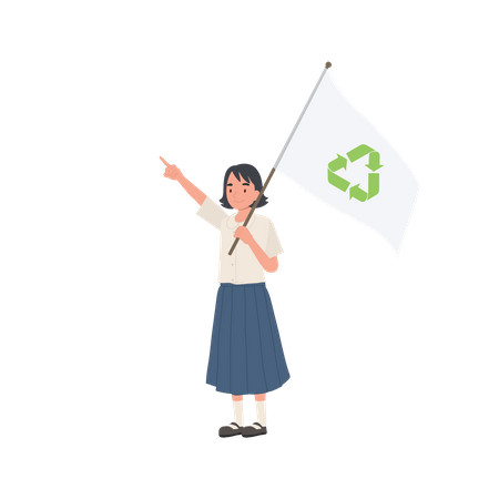 Linda estudante tailandesa sorridente segurando bandeira com símbolo de reciclagem  Ilustração