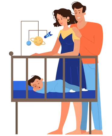 Família fofa ao lado da cama do bebê recém-nascido  Ilustração