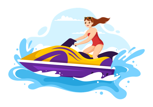 Linda garota andando de jet ski  Ilustração