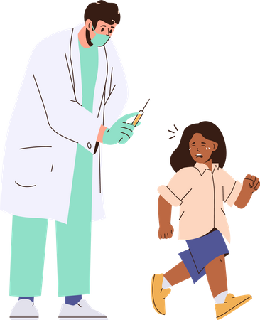 Linda garota chorando com medo de injeções fugindo do médico pediatra segurando uma seringa de vacina  Ilustração