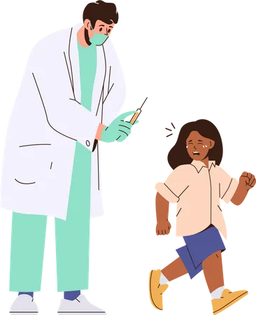 Linda garota chorando com medo de injeções fugindo do médico pediatra segurando uma seringa de vacina  Ilustração