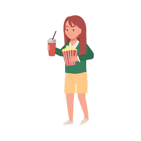 Linda garota com balde de pipoca e copo de refrigerante  Ilustração