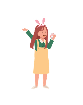 Linda garota com orelhas de coelho fica feliz por encontrar um ovo de Páscoa  Ilustração