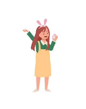 Linda garota com orelhas de coelho fica feliz por encontrar um ovo de Páscoa  Ilustração