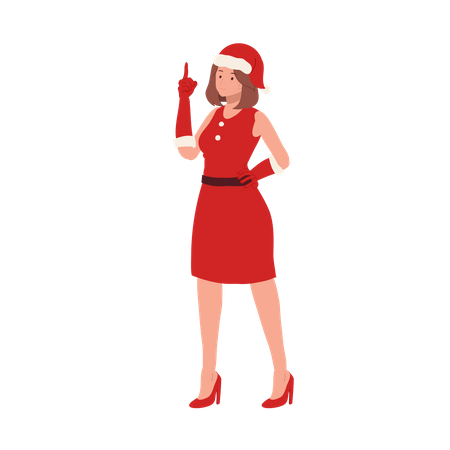 Linda garota com roupa de Papai Noel e apontando para cima  Ilustração