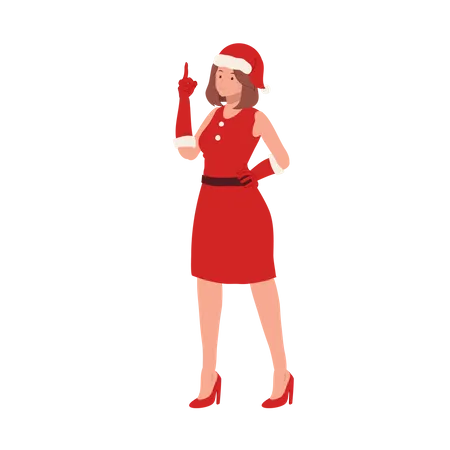 Linda garota com roupa de Papai Noel e apontando para cima  Ilustração