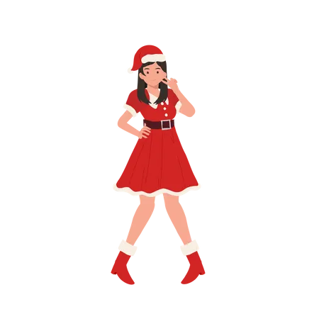 Linda garota com roupa de Papai Noel e mostrando gesto de vitória  Ilustração