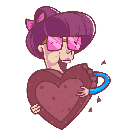 Linda garota comendo chocolate em formato de coração  Ilustração