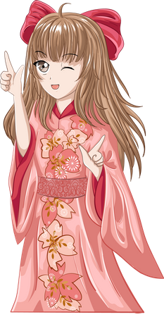 Linda garota com cabelo castanho, vestindo quimono rosa  Ilustração