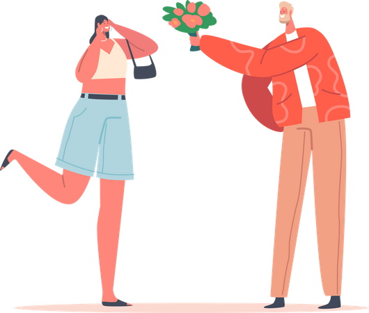 Linda garota envergonhada recebe buquê de lindas flores do namorado  Ilustração