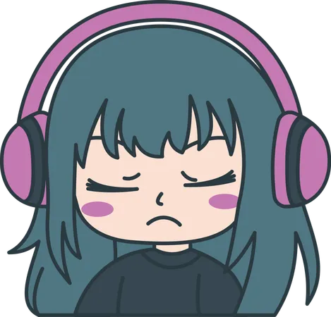 Linda garota gamer personagem de desenho animado de anime usando fone de ouvido com expressão triste  Ilustração