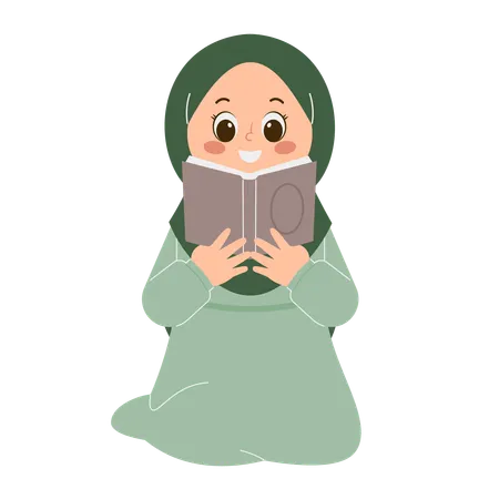 Linda garota Hijab lendo livro do Alcorão  Ilustração