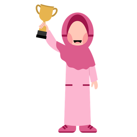 Linda garota muçulmana mostrando a taça de troféu  Ilustração