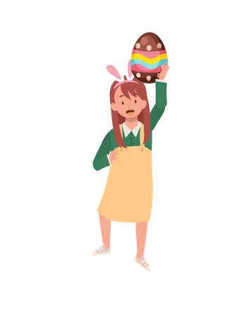 Linda garota segurando a cabeça grande do ovo de Páscoa  Ilustração