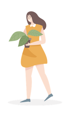 Linda garota segurando um vaso de planta  Ilustração