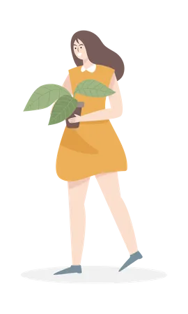 Linda garota segurando um vaso de planta  Ilustração