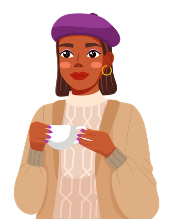 Linda garota segurando uma xícara de café  Ilustração