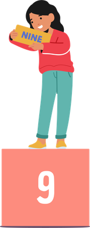 Linda garota sorridente segurando o número nove  Ilustração