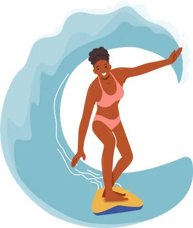 Personagem De Surfista Jovem Em Biquini Na Prancha De Surf Com As Maos Estendidas Tentando Pegar O Equilibrio Na Grande Onda Do Mar Surfando Diversao Extrema Atividade Recreacao Oceanica Ilustra O Vetorial De Desenho Animado Ilustração