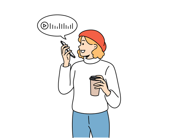 Linda garota usa mensagens de voz para se comunicar com amigos via internet  Ilustração