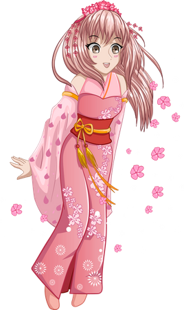 Linda garota vestindo quimono rosa com flores de cerejeira  Ilustração