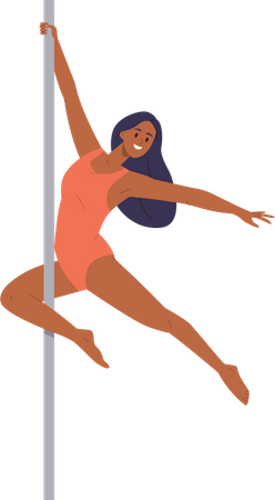 Linda personagem jovem ginasta aérea realizando dança em poste de metal  Ilustração