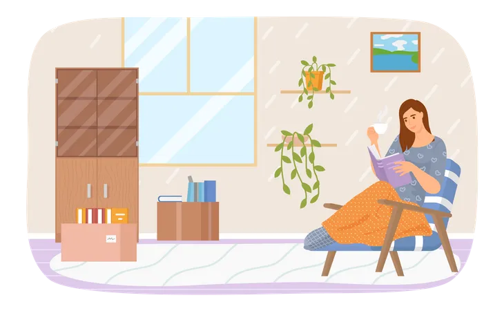Mulher jovem e bonita na cadeira lendo livro bebendo chá  Ilustração