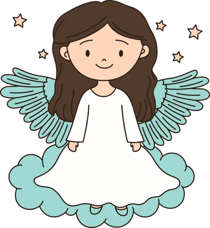 Linda menina anjo alada com nuvem no céu  Ilustração