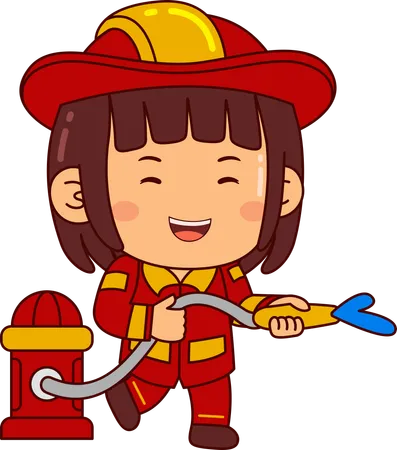 Linda garota bombeira com mangueira de incêndio  Ilustração