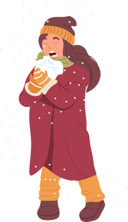 Menina bonita comendo bola de neve aproveitando o inverno  Ilustração