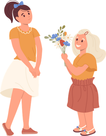 Menina bonitinha dando buquê de flores para a irmã mais velha, parabenizando-a pelo aniversário  Ilustração
