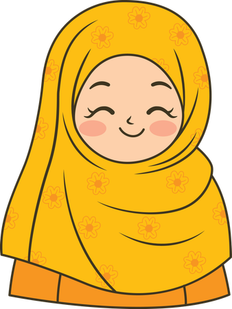 Linda garota muçulmana usando um hijab amarelo estampado enquanto sorri  Ilustração