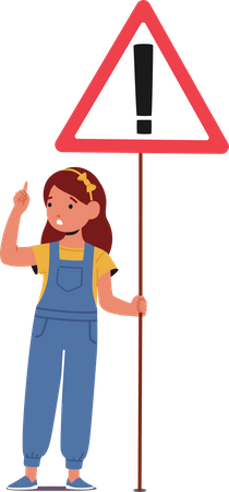 Menina bonitinha segurando uma placa de trânsito com símbolo de exclamação  Ilustração